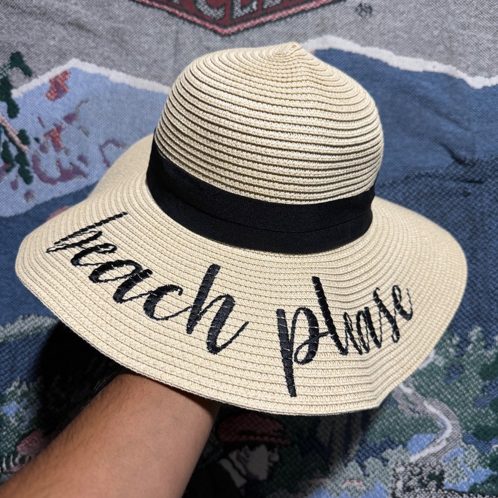Brook and Bay Beach Please Floppy Sun Hat Woven Straw Wide Brim Tan Black